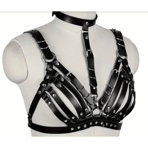 Goth Harness Bra*collar*Gay*Cosplay*Sub*Halloween*BDSM*NIP*Black*Faux Leather - Picture 3 of 4